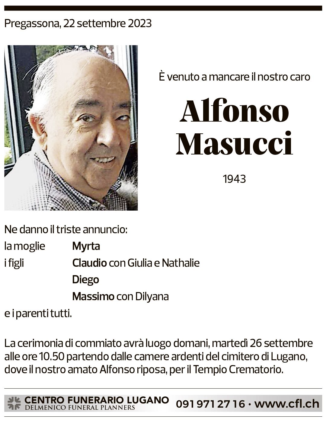 Annuncio funebre Alfonso Masucci