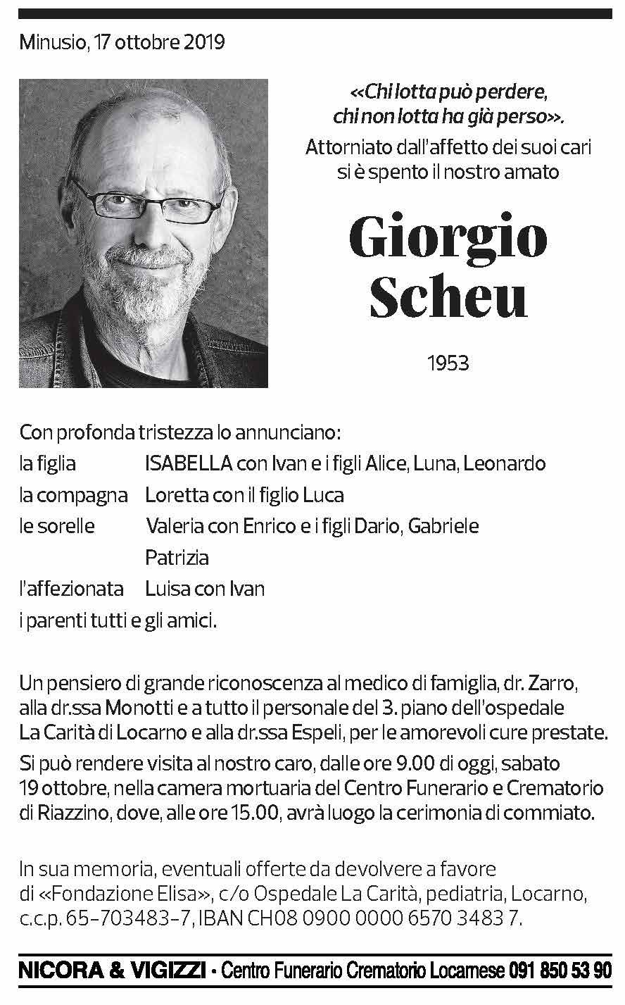 Annuncio funebre Giorgio Scheu