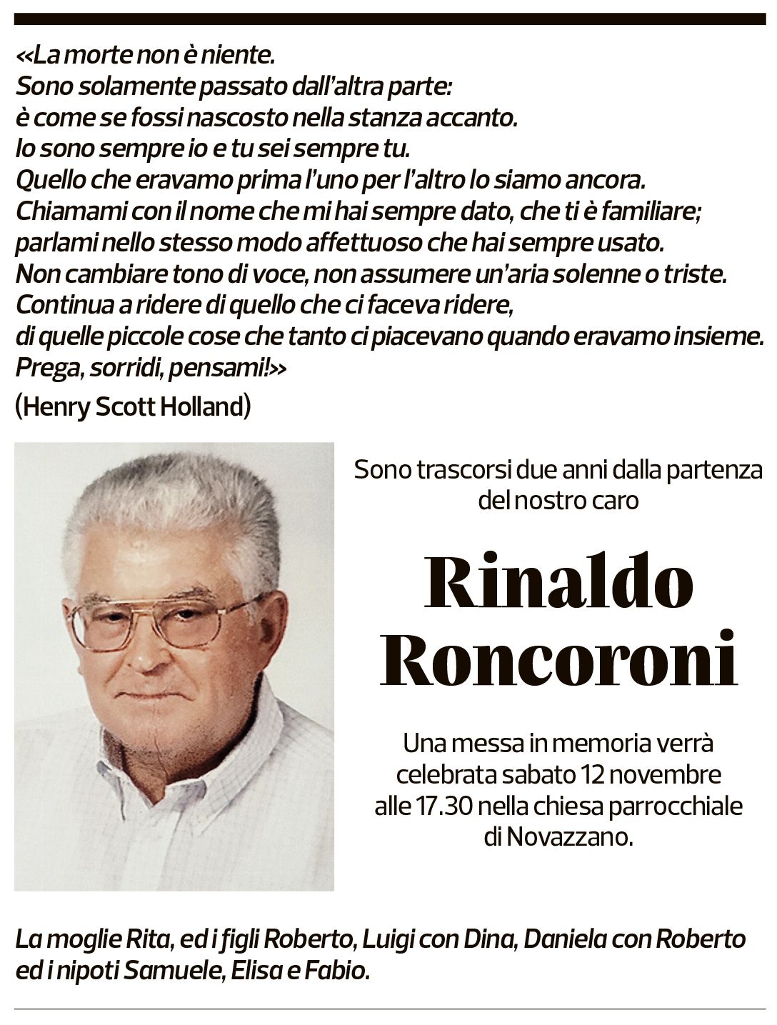 Annuncio funebre Rinaldo Roncoroni