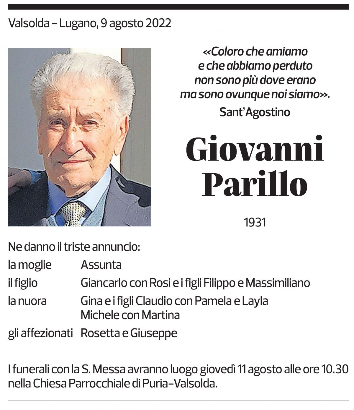 Annuncio funebre Giovanni Parillo