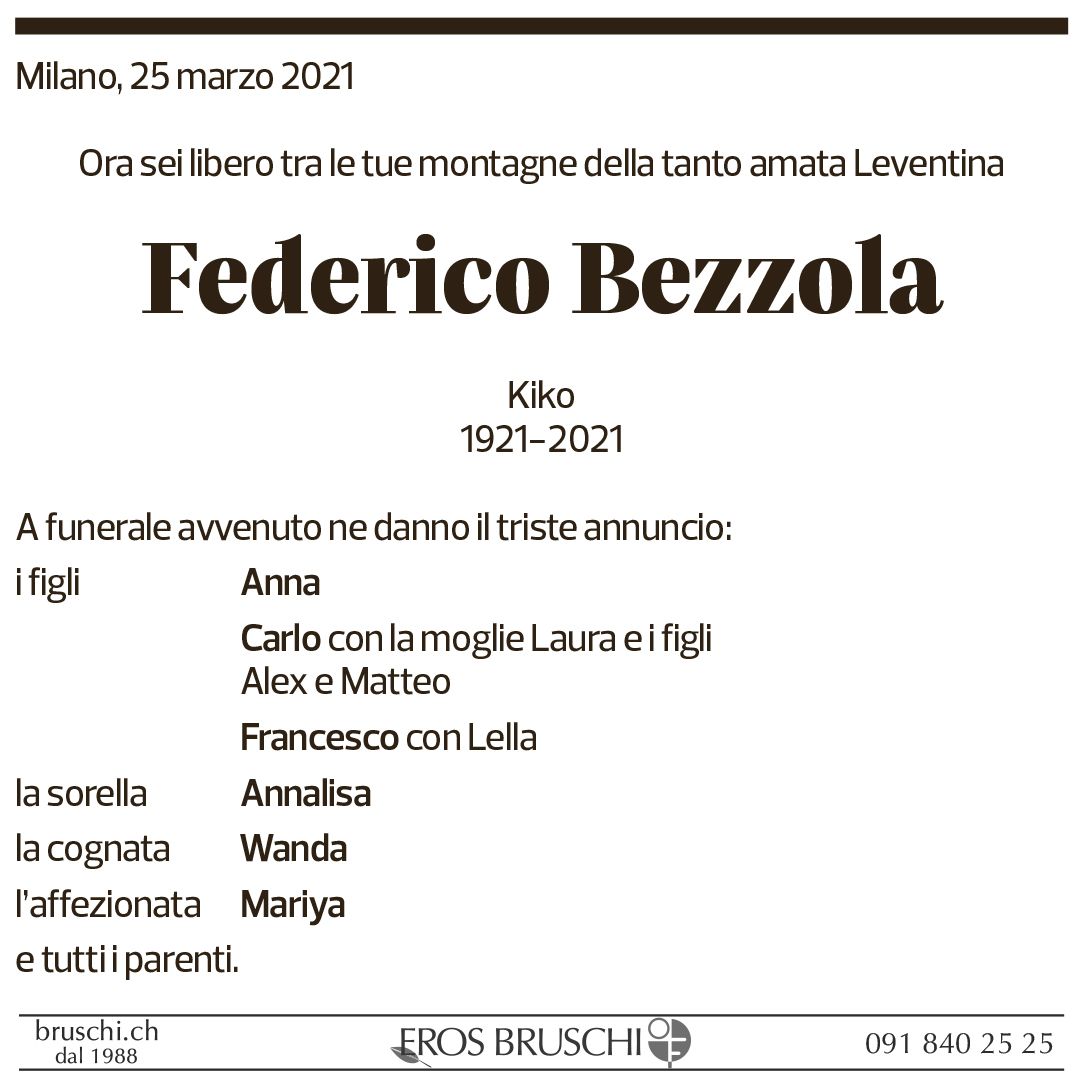 Annuncio funebre Federico Bezzola