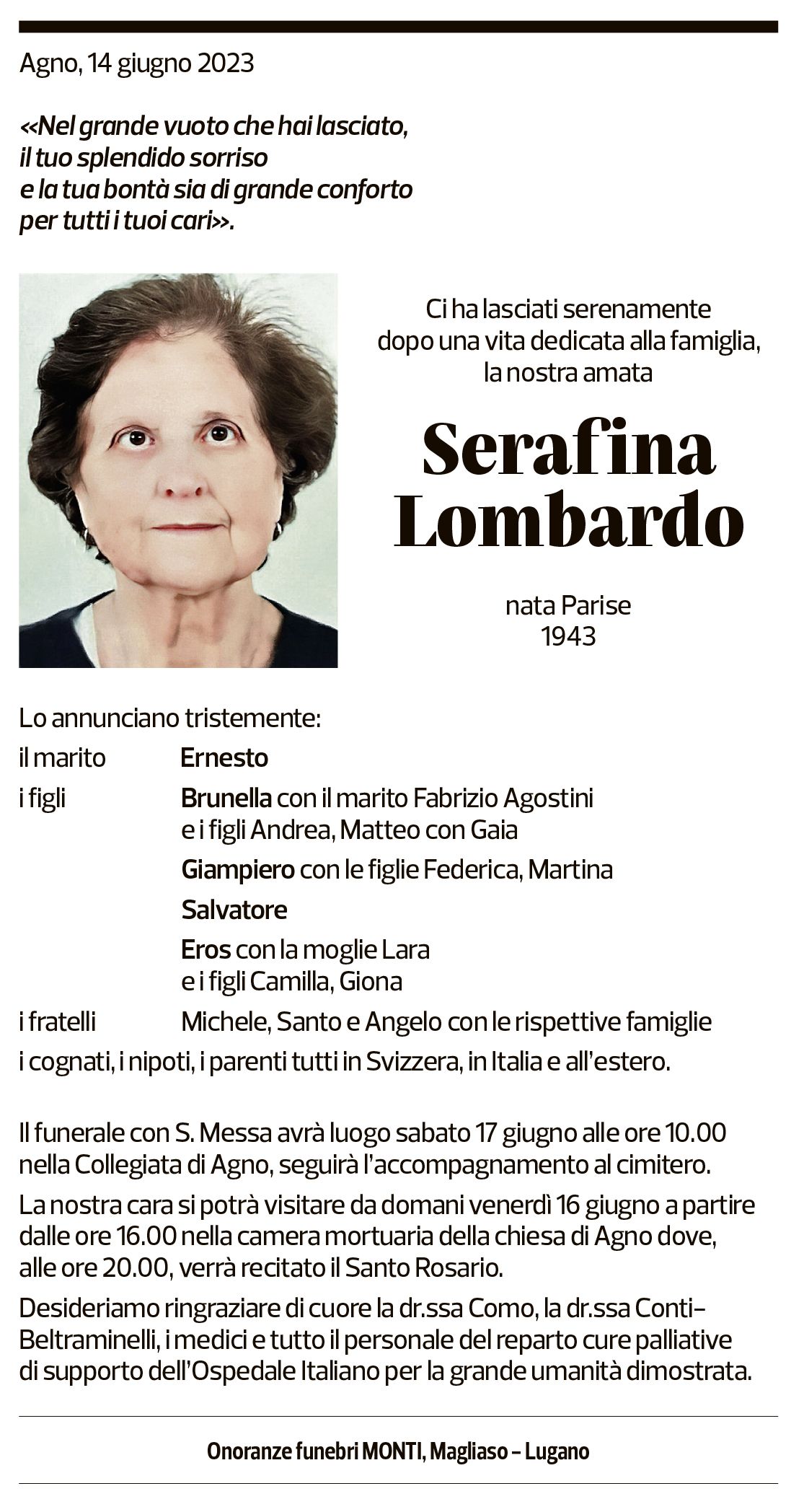 Annuncio funebre Serafina Lombardo