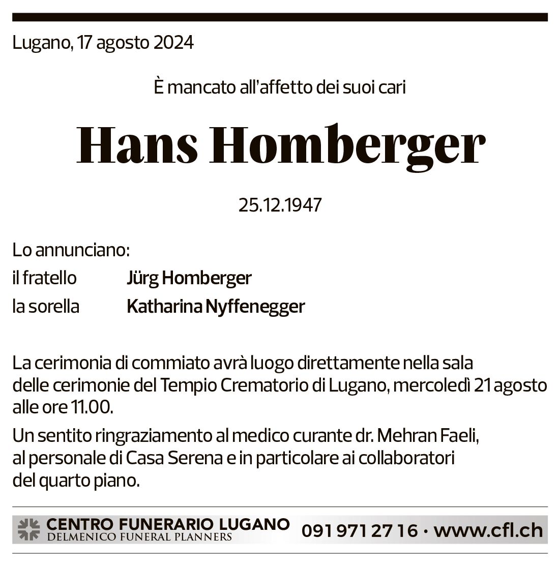 Annuncio funebre Hans Homberger