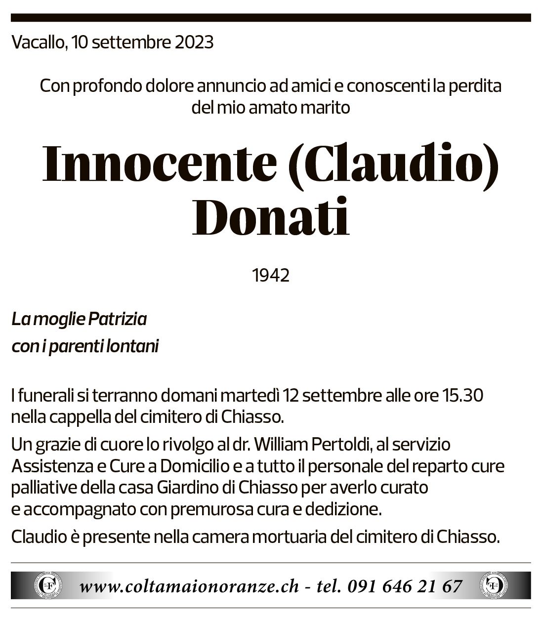 Annuncio funebre Innocente Claudio Donati