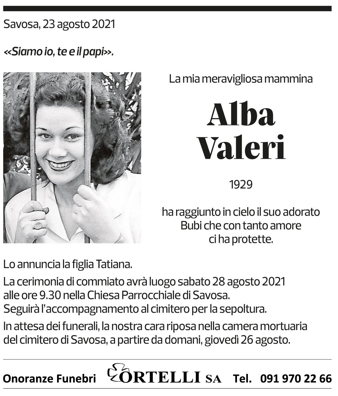 Annuncio funebre Alba Valeri