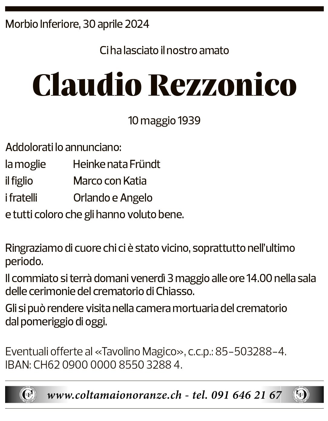 Annuncio funebre Claudio Rezzonico