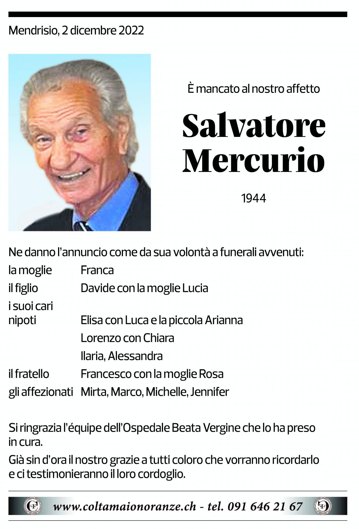 Annuncio funebre Salvatore Mercurio