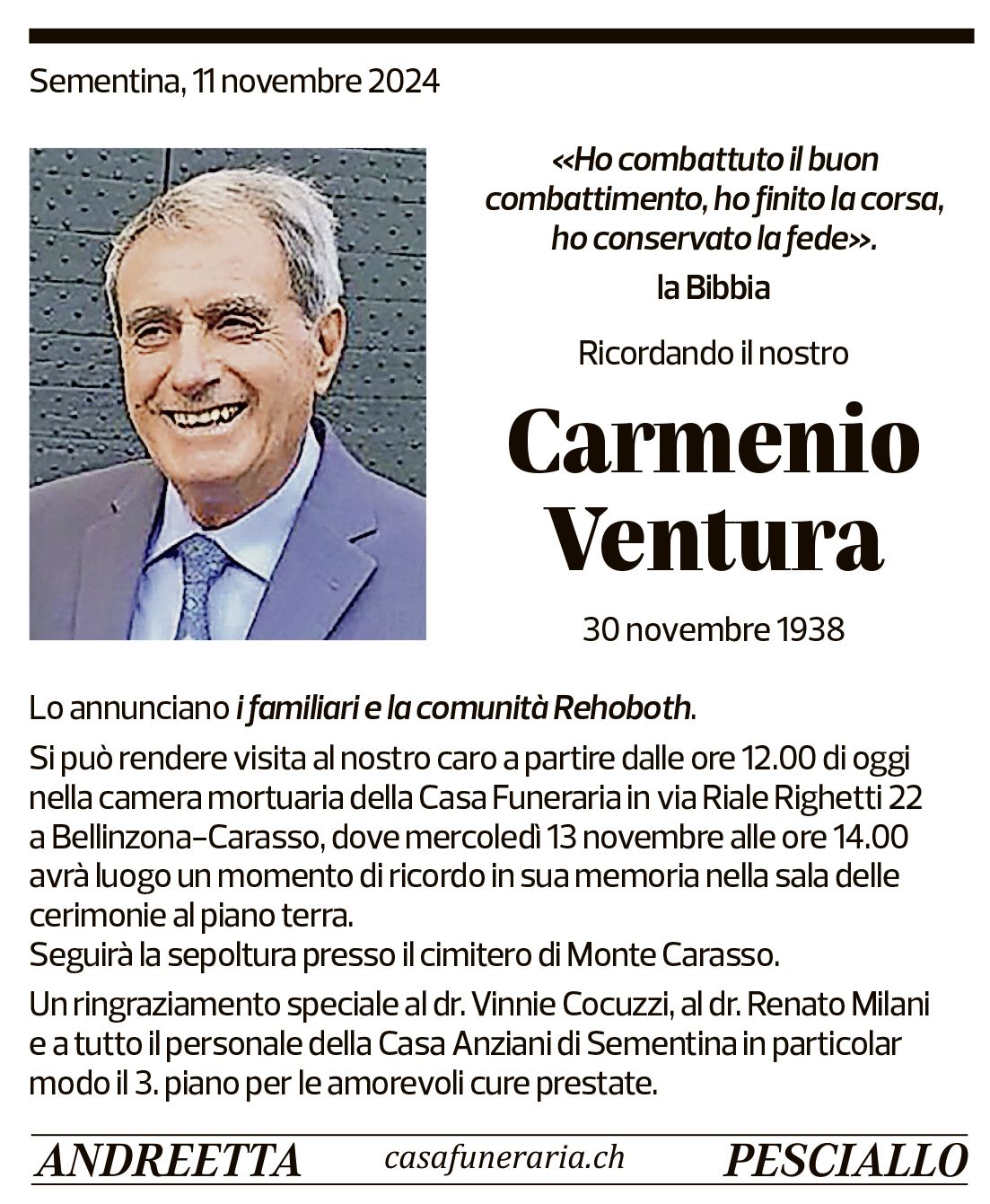 Annuncio funebre Carmenio Ventura