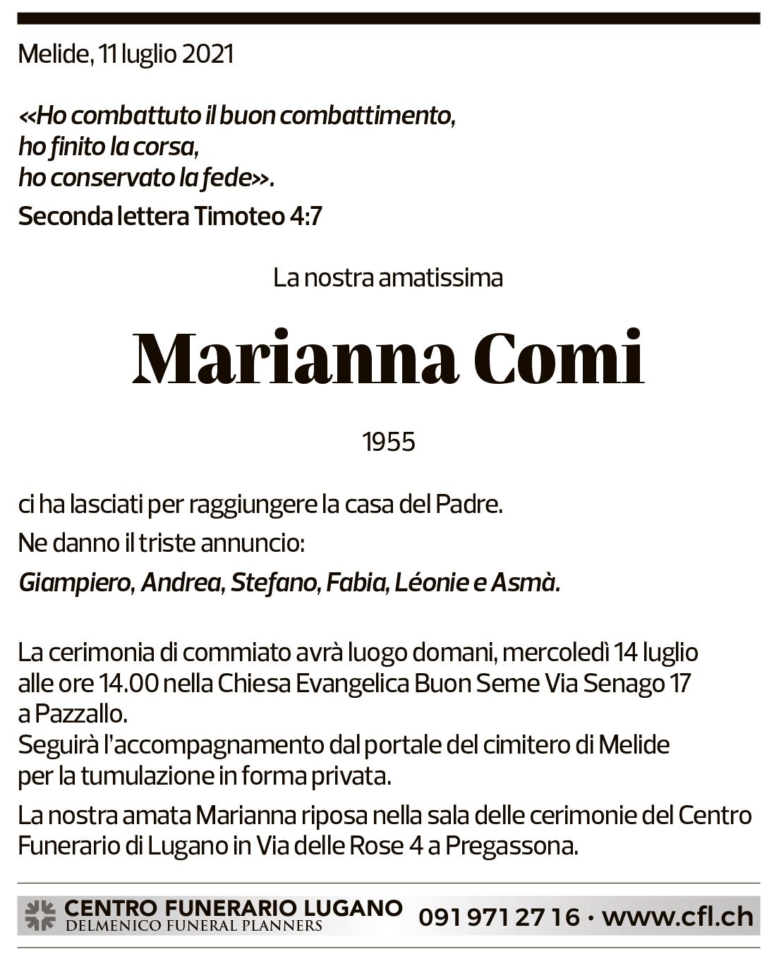 Annuncio funebre Marianna Comi