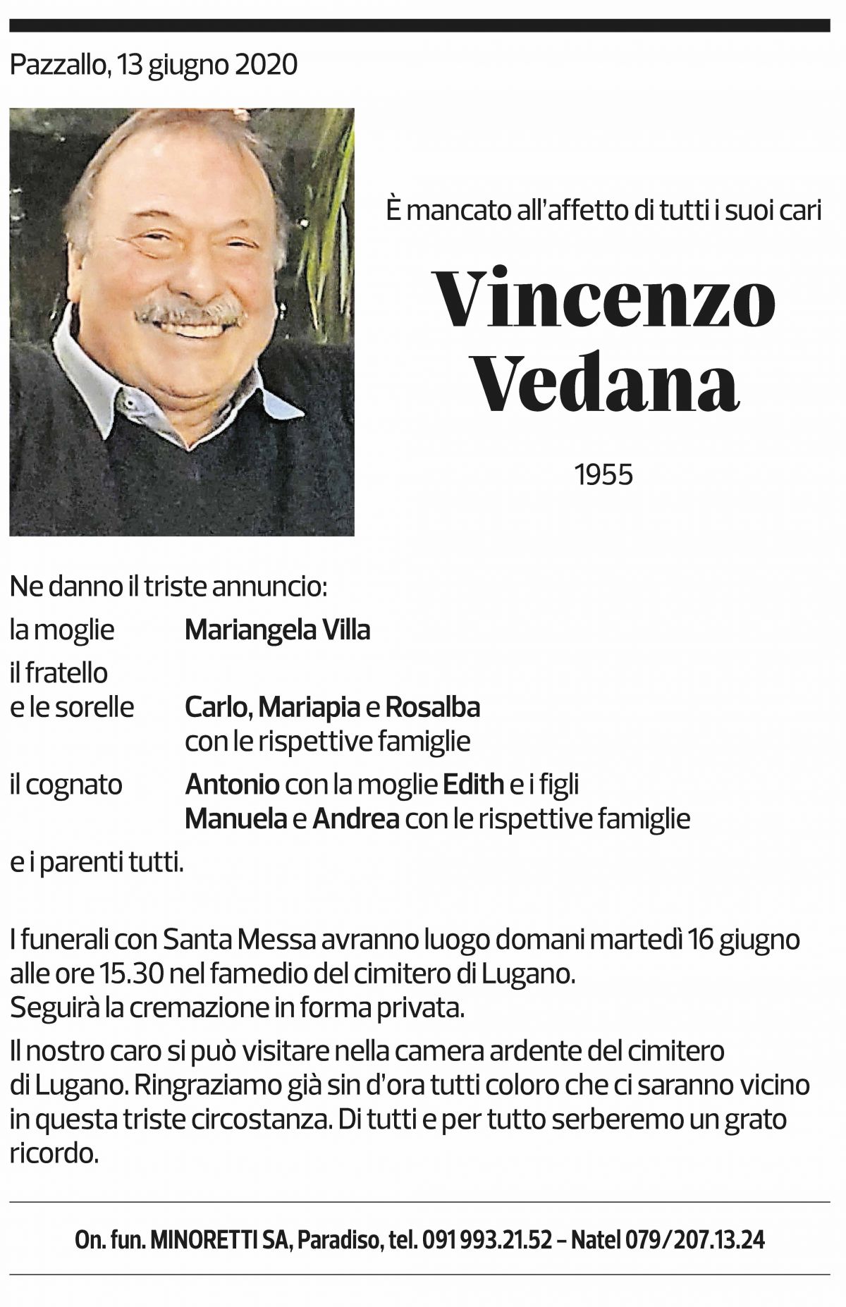 Annuncio funebre Vincenzo Vedana