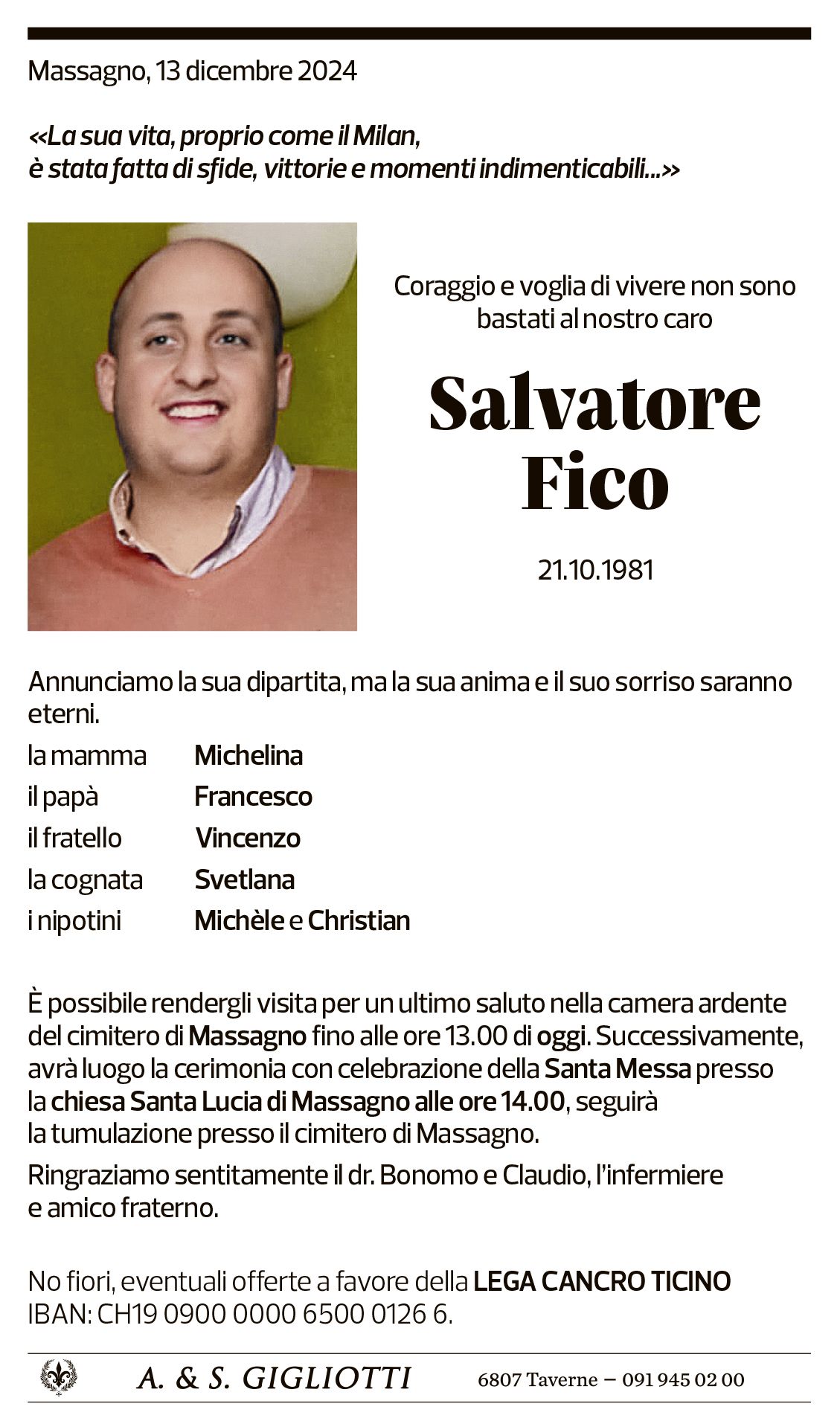 Annuncio funebre Salvatore Fico