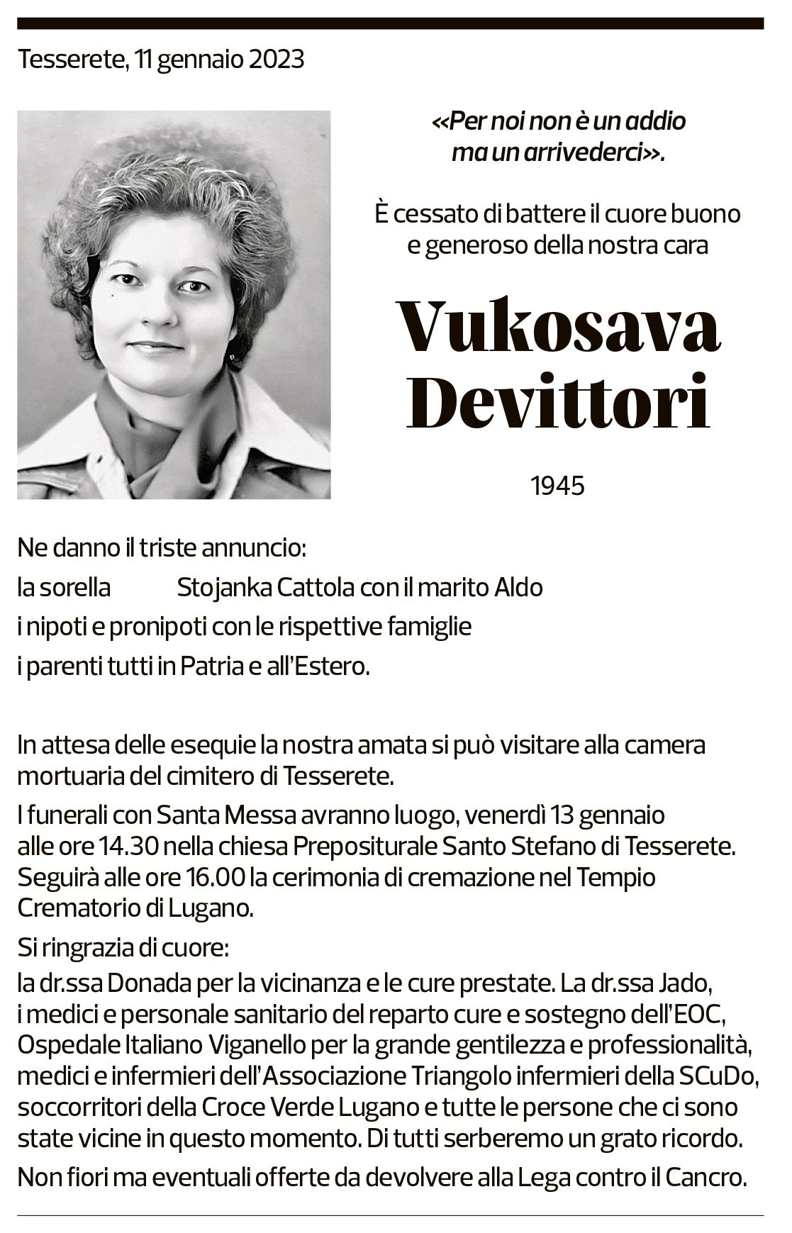 Annuncio funebre Vukosava Devittori