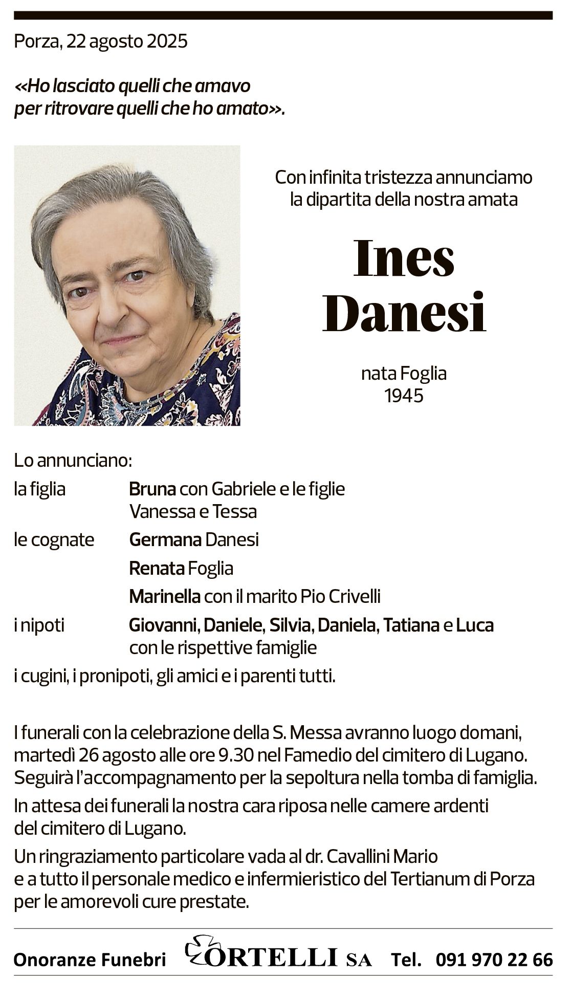 Annuncio funebre Ines Danesi