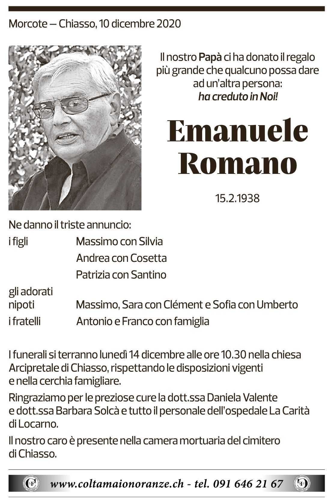 Annuncio funebre Emanuele Romano