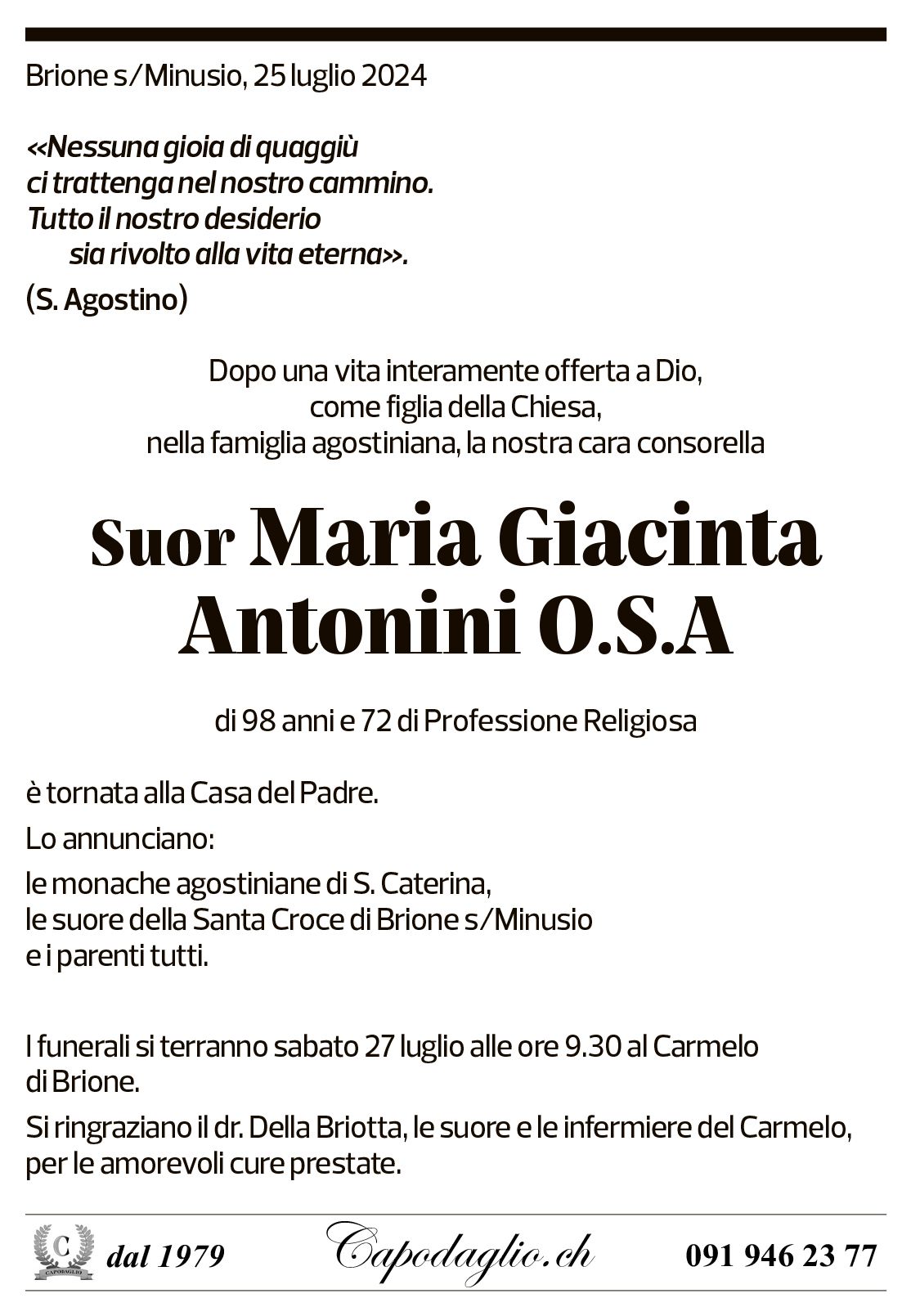 Annuncio funebre Maria Giacinta Antonini