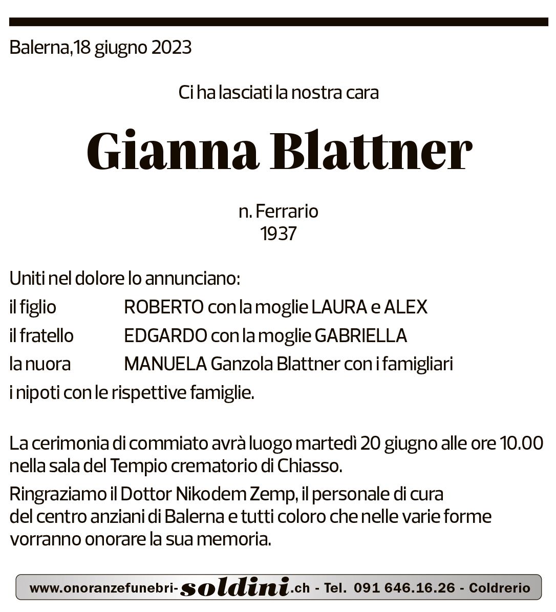 Annuncio funebre Gianna Blattner
