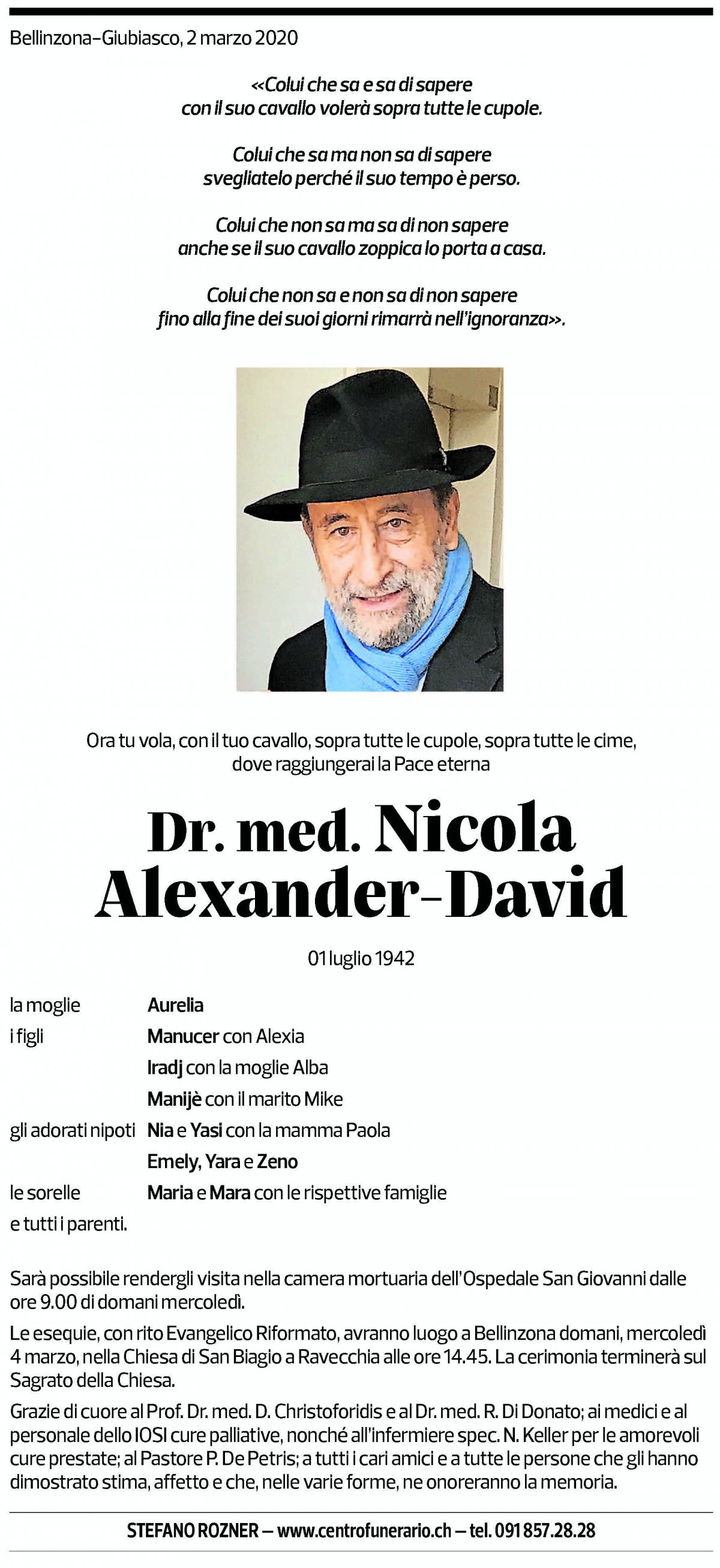 Annuncio funebre Dr Med Nicola Alexander - David
