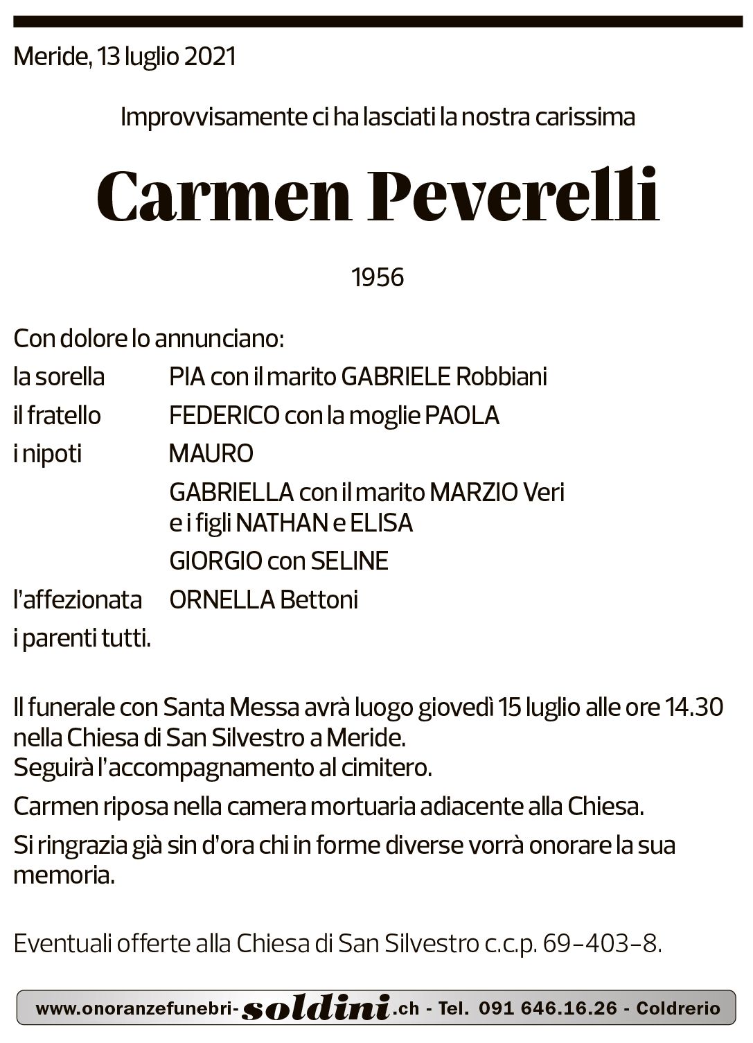 Annuncio funebre Carmen Peverelli