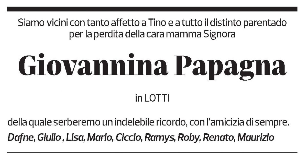 Annuncio funebre Giovannina Papagna In Lotti