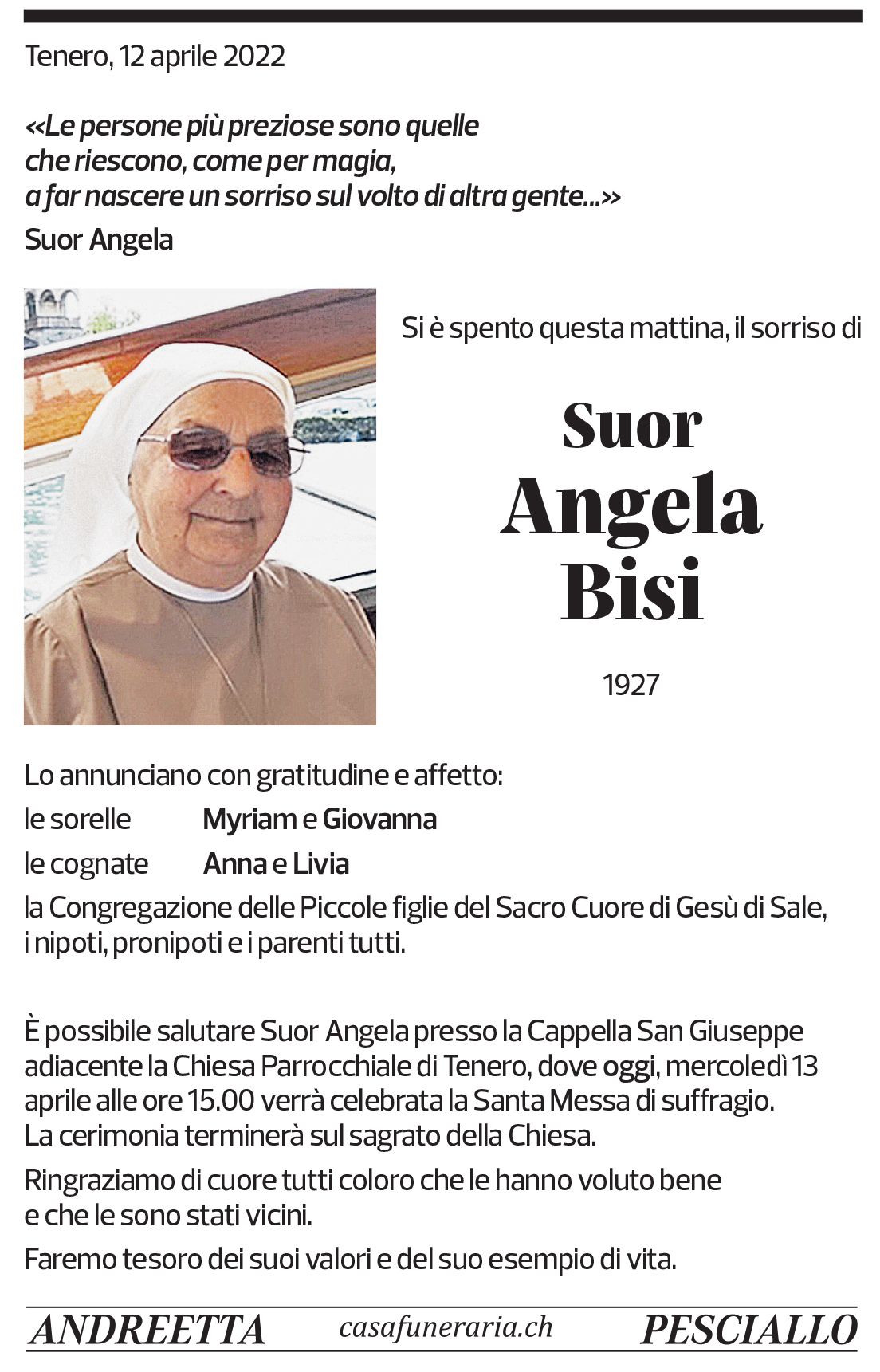 Annuncio funebre Angela Bisi