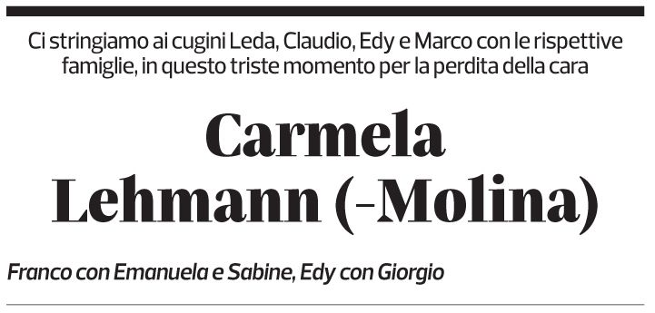 Annuncio funebre Carmela Lehmann
