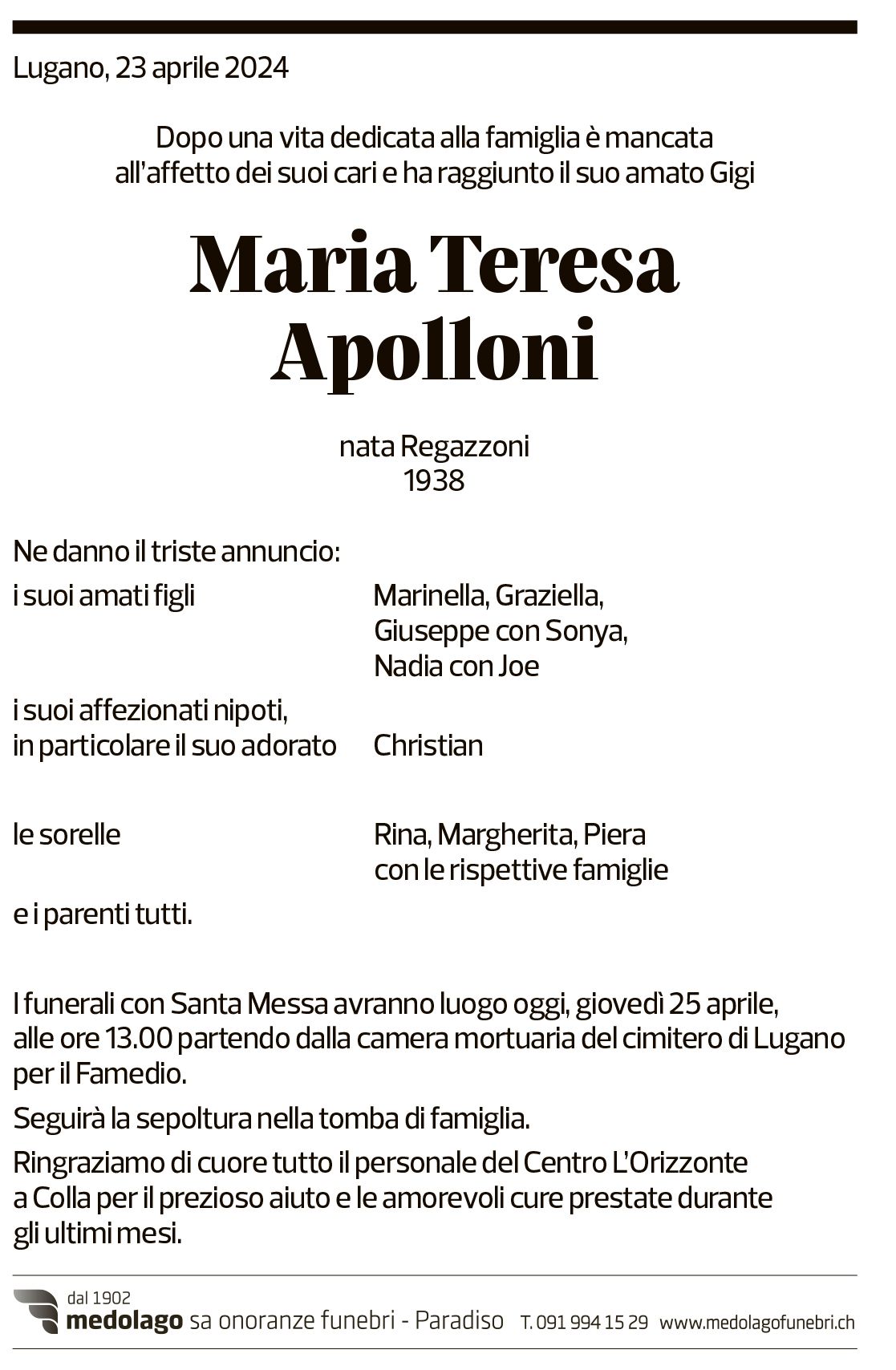 Annuncio funebre Maria Teresa Apolloni