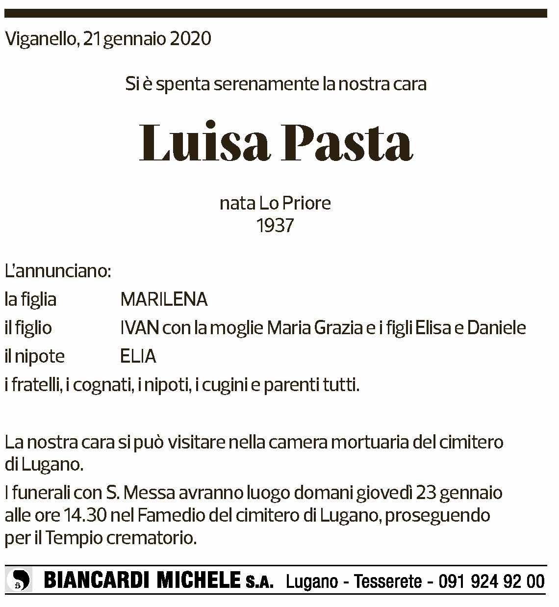 Annuncio funebre Luisa Pasta