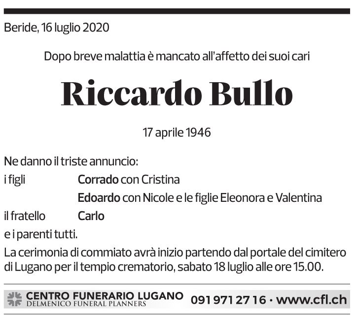 Annuncio funebre Riccardo Bullo