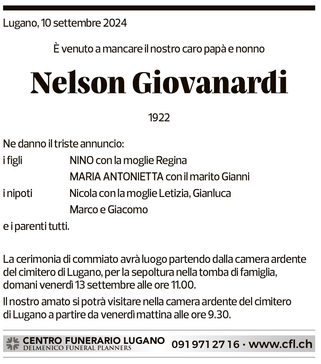 Annuncio funebre Nelson Giovanardi