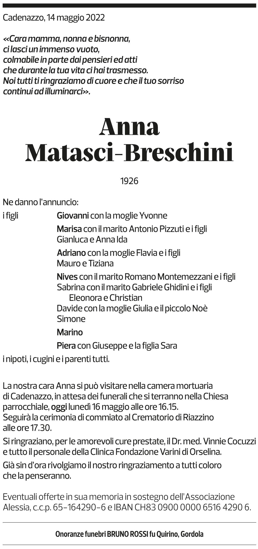 Annuncio funebre Anna Matasci-breschini