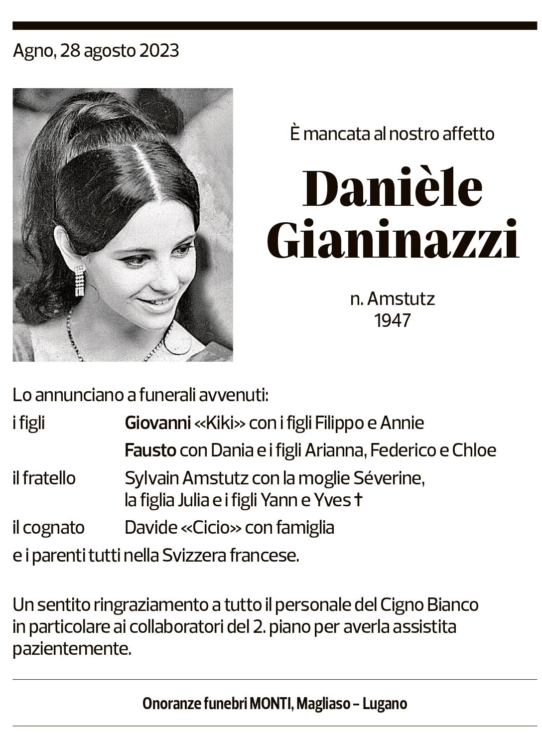 Annuncio funebre Danièle Gianinazzi