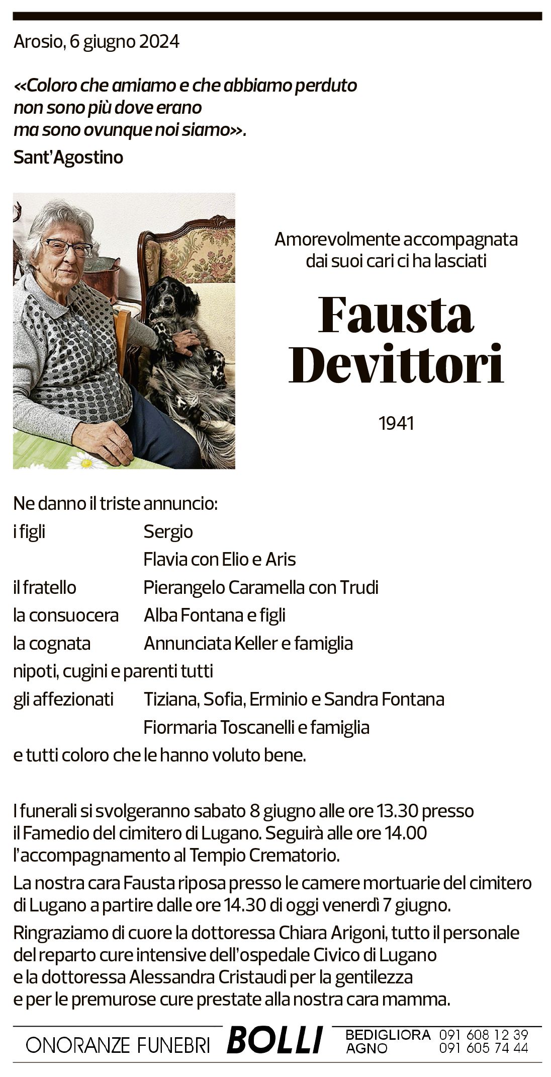 Annuncio funebre Fausta Devittori