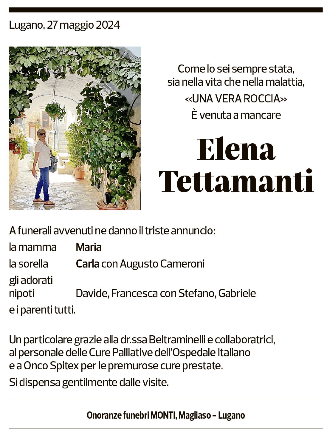 Annuncio funebre Elena Tettamanti