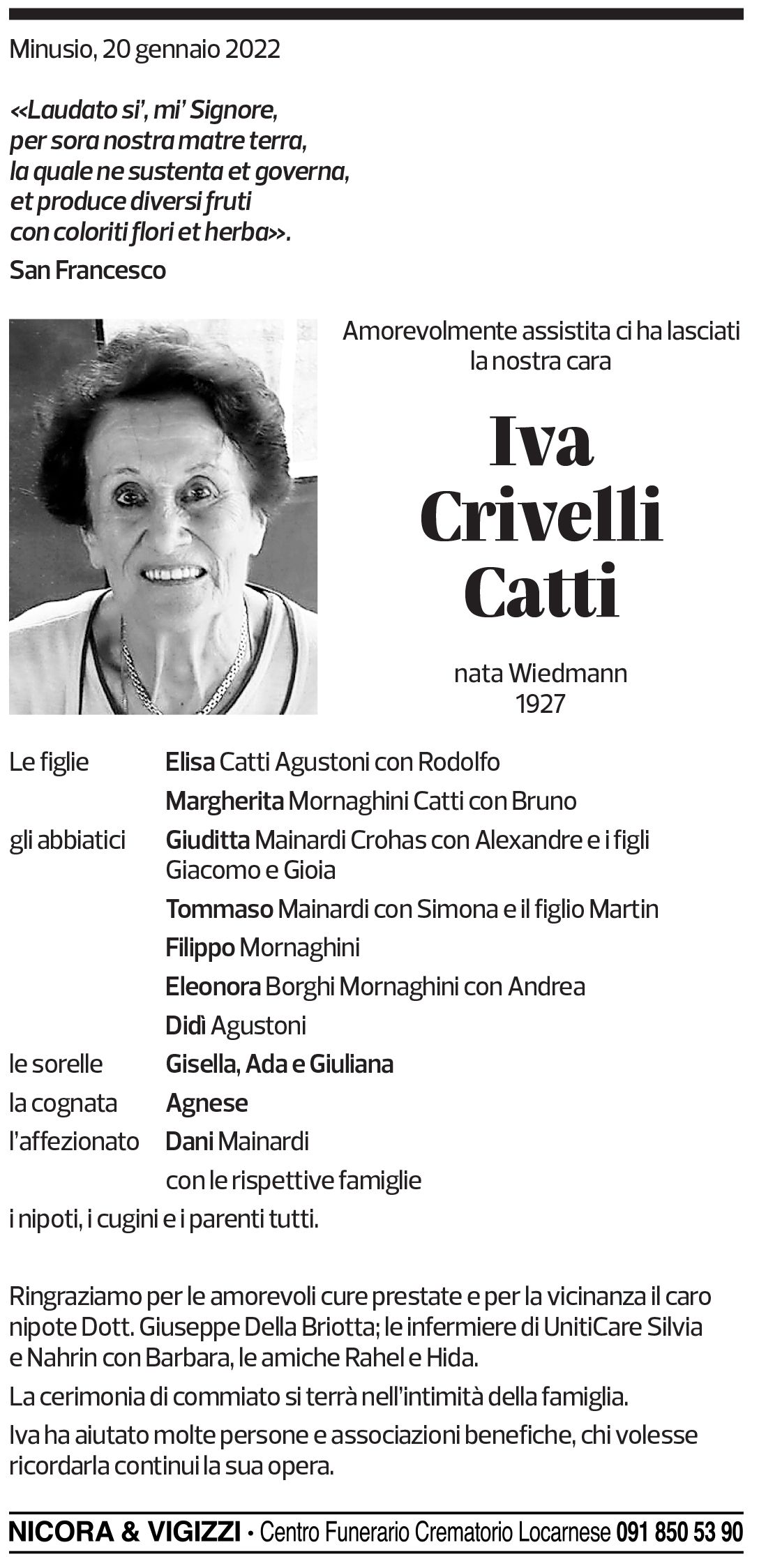 Annuncio funebre Iva Crivelli Catti