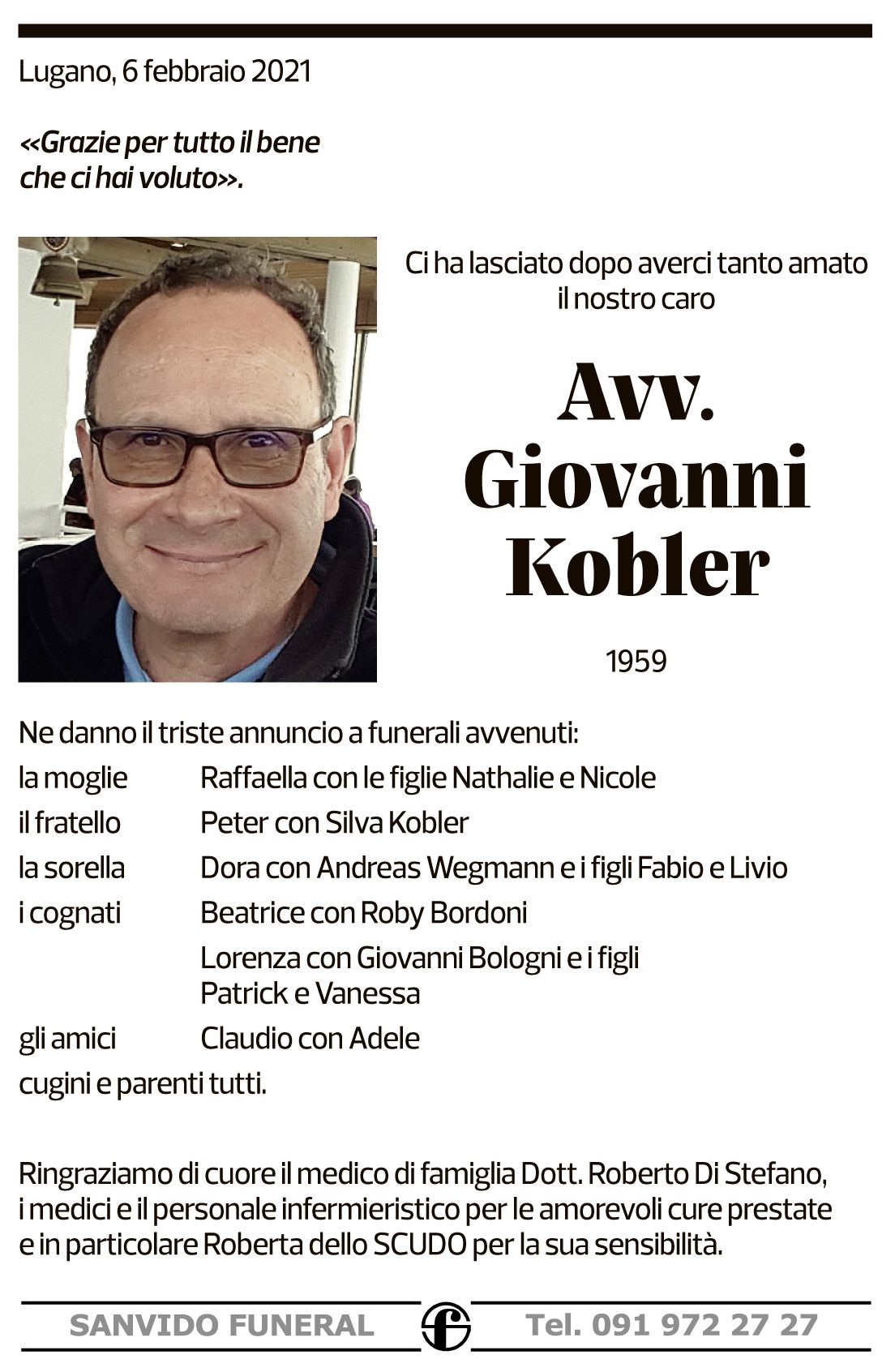 Annuncio funebre Giovanni Kobler