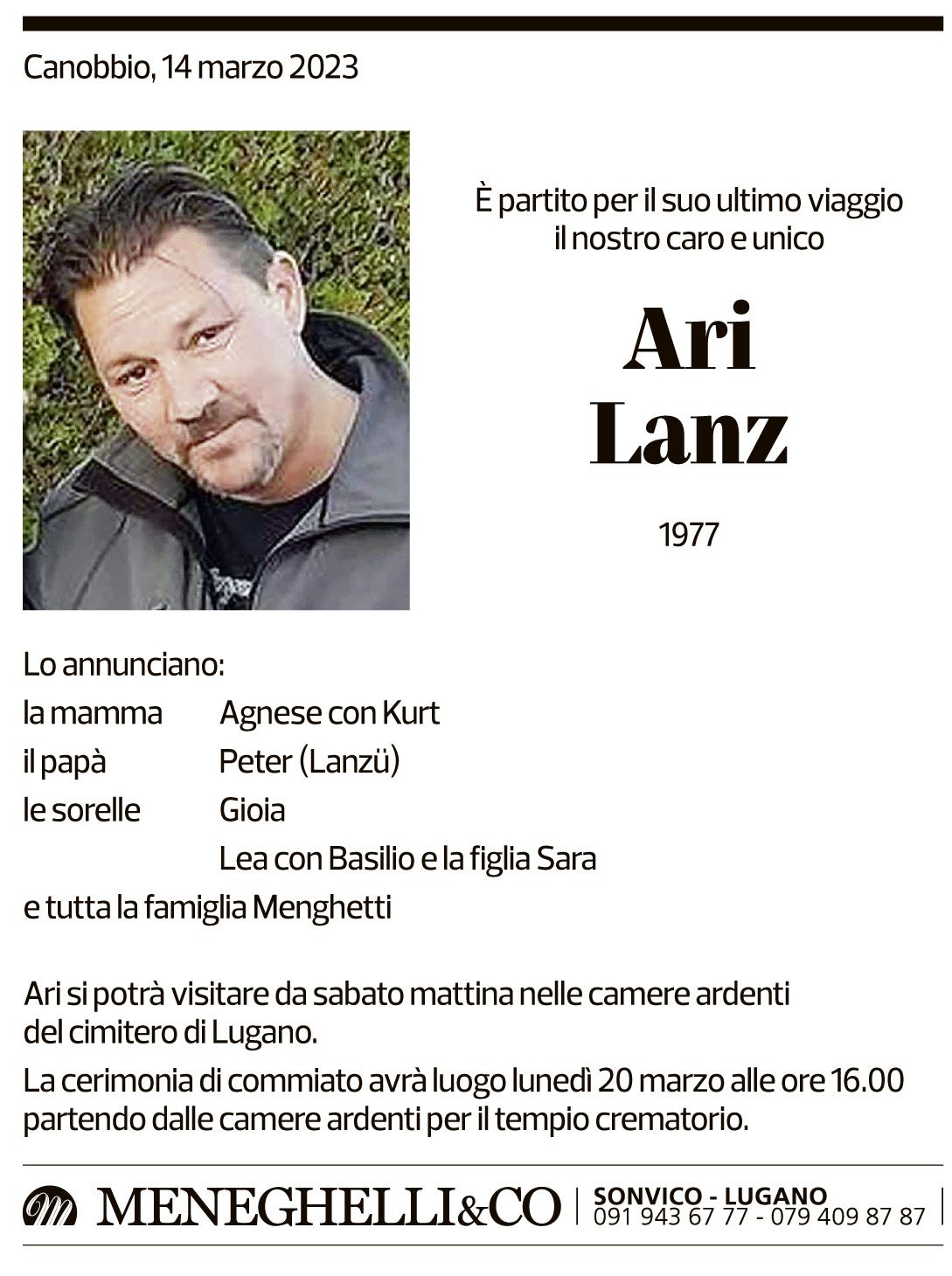 Annuncio funebre Ari Lanz