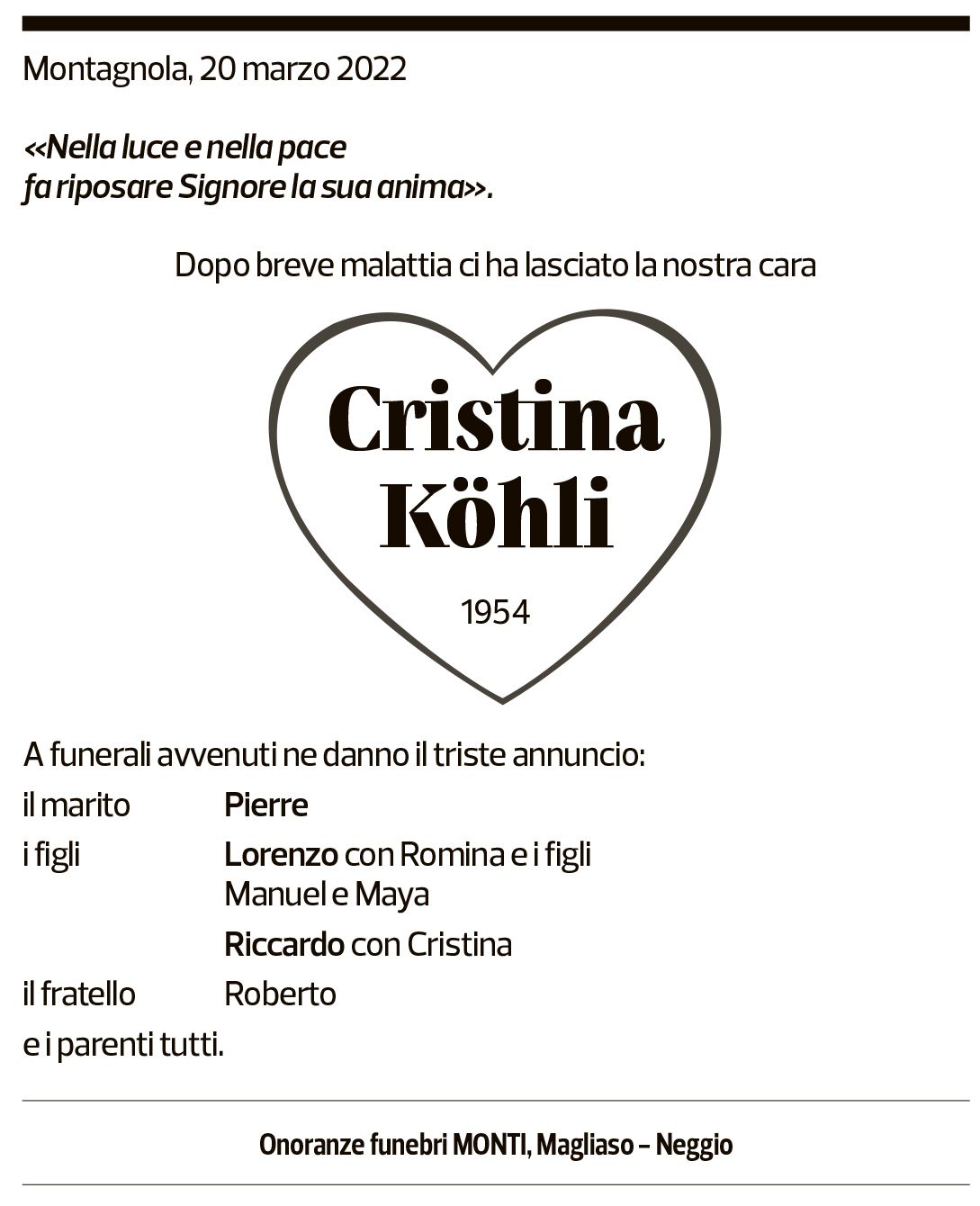 Annuncio funebre Cristina Köhli