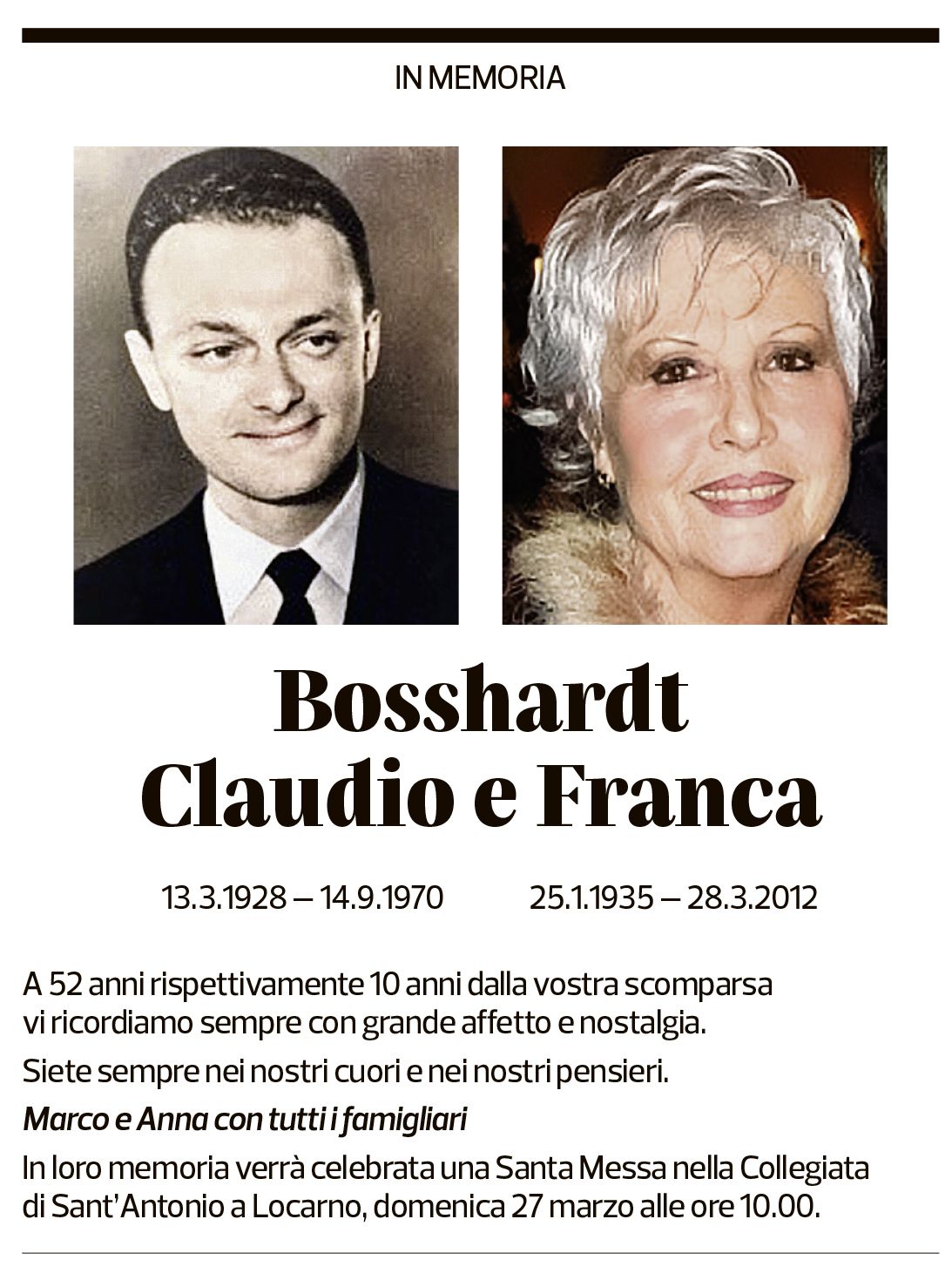 Annuncio funebre Claudio Bosshardt Franca Bosshardt