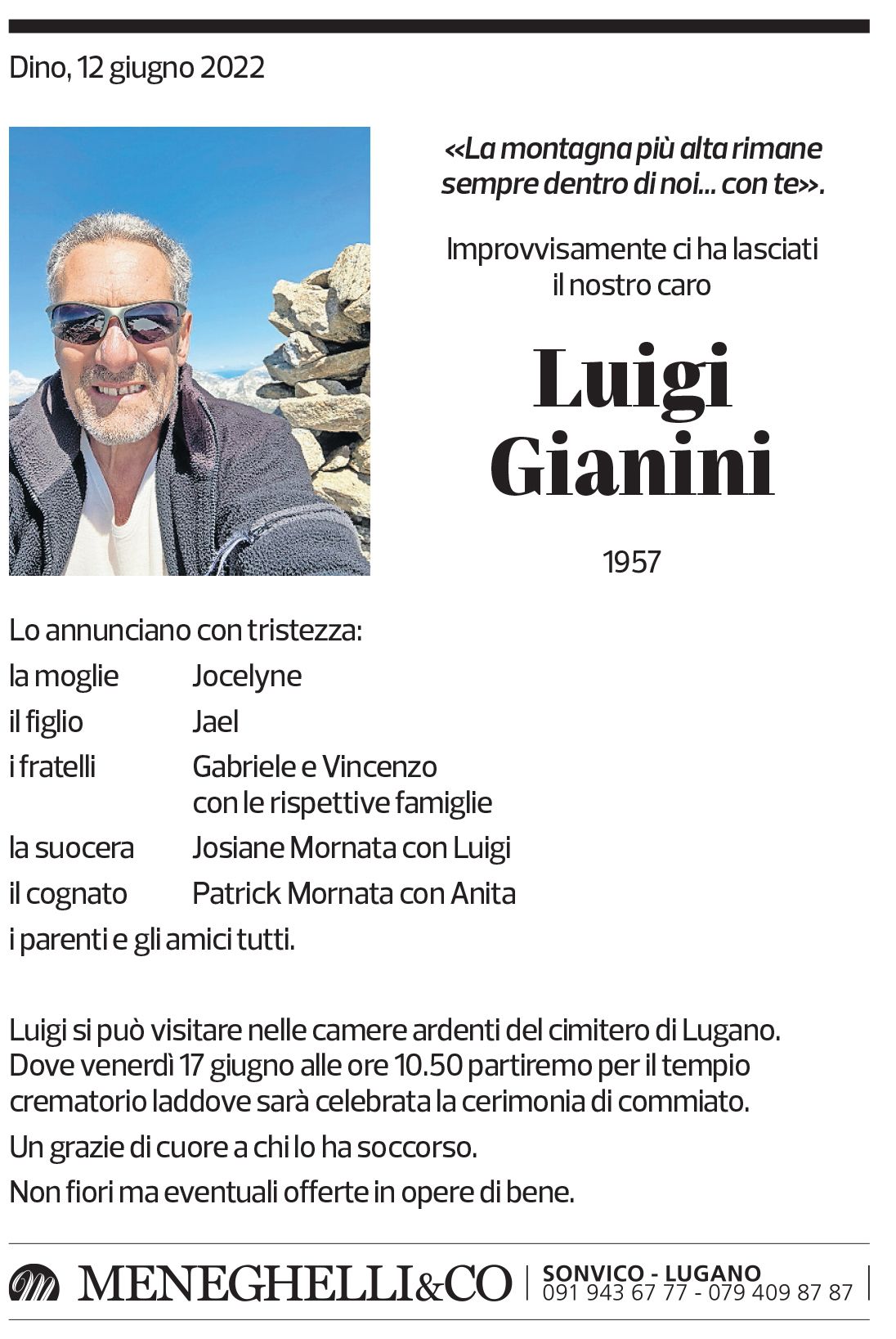 Annuncio funebre Luigi Gianini