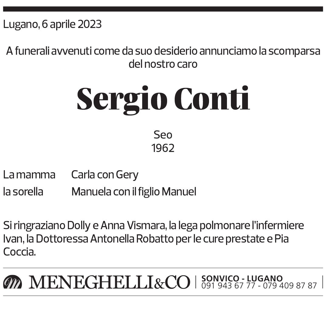 Annuncio funebre Sergio Conti