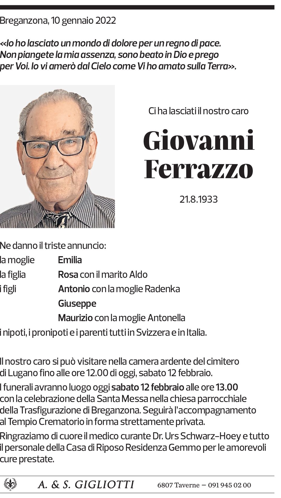 Annuncio funebre Giovanni Ferrazzo