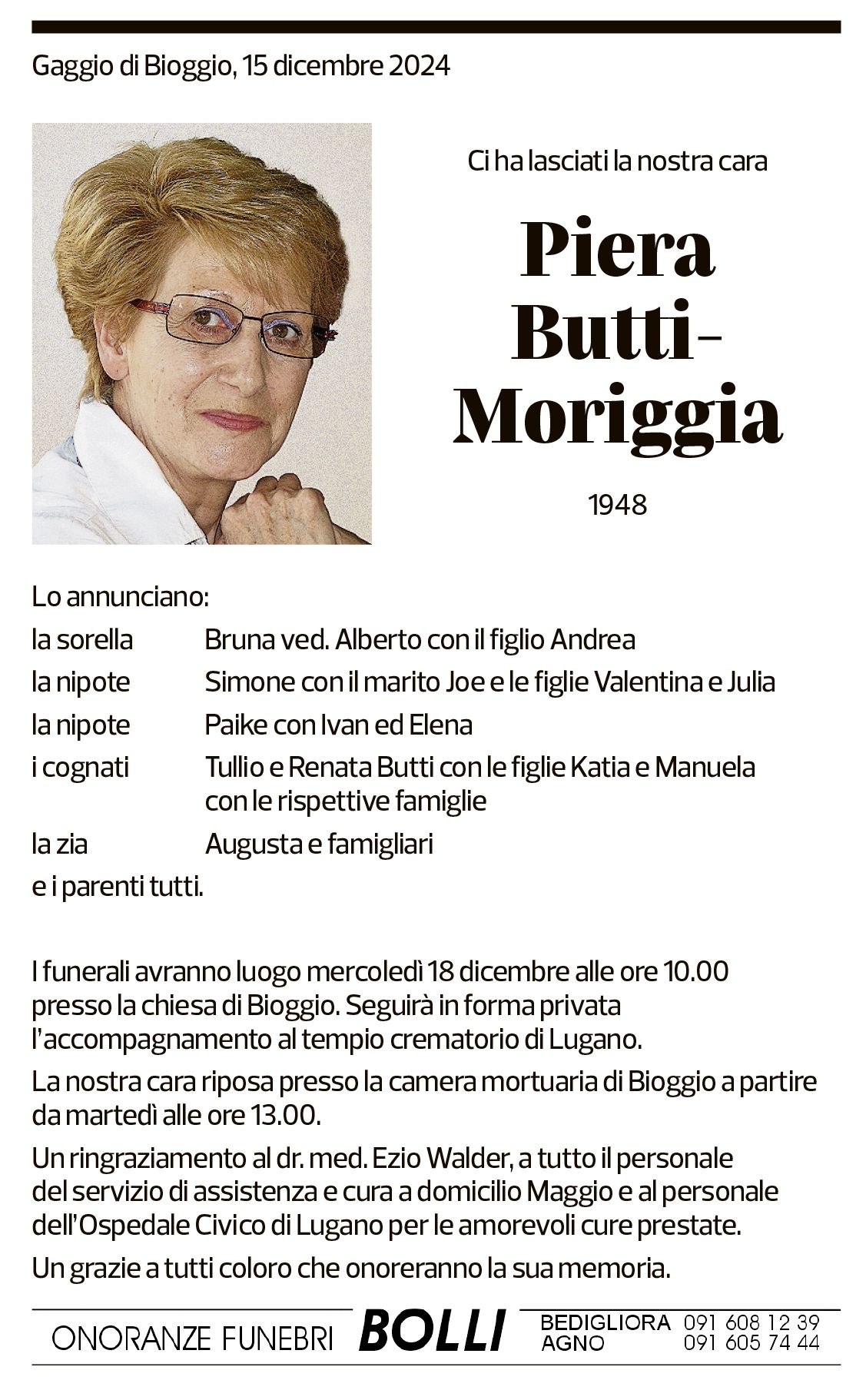 Annuncio funebre Piera Butti-moriggia