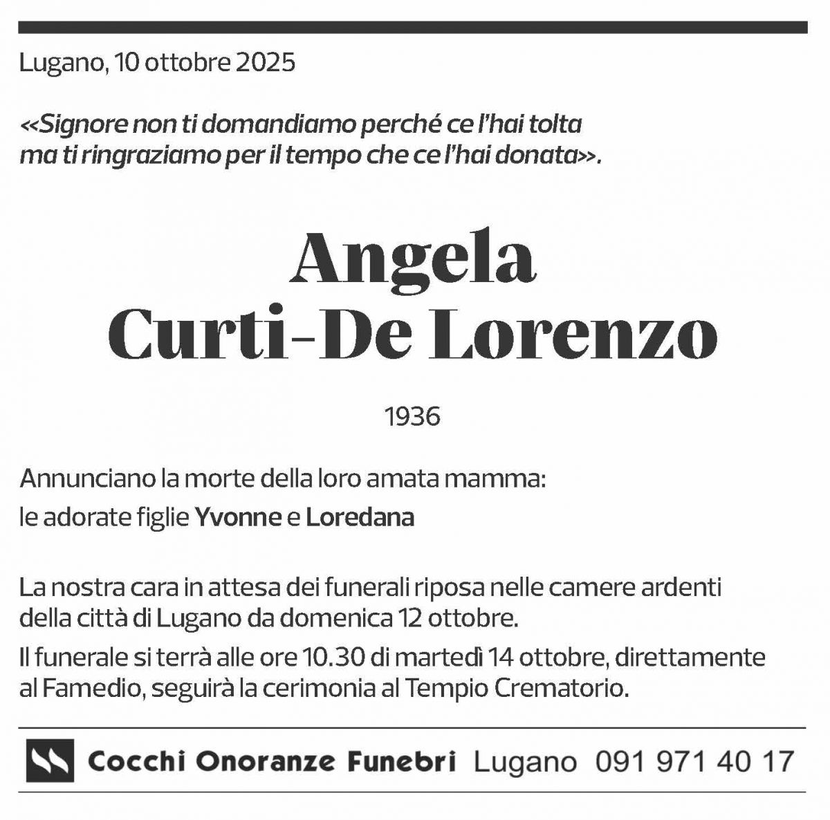 Annuncio funebre Angela Curti-de Lorenzo
