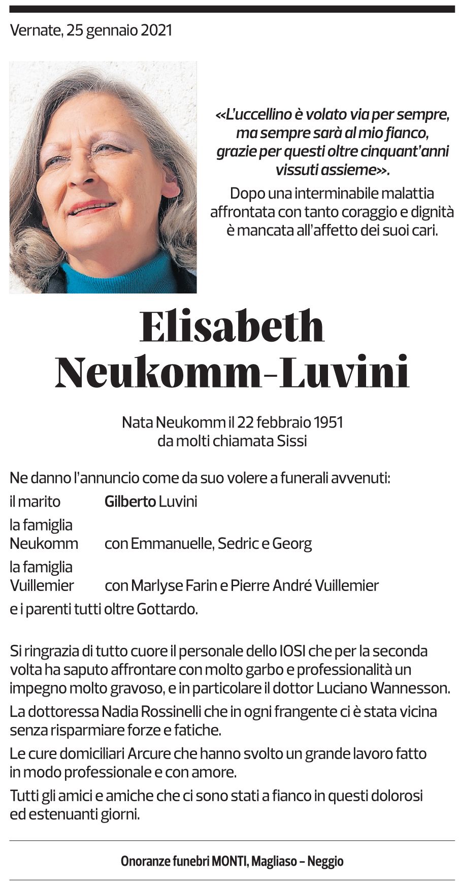 Annuncio funebre Elisabeth Neukomm-luvini