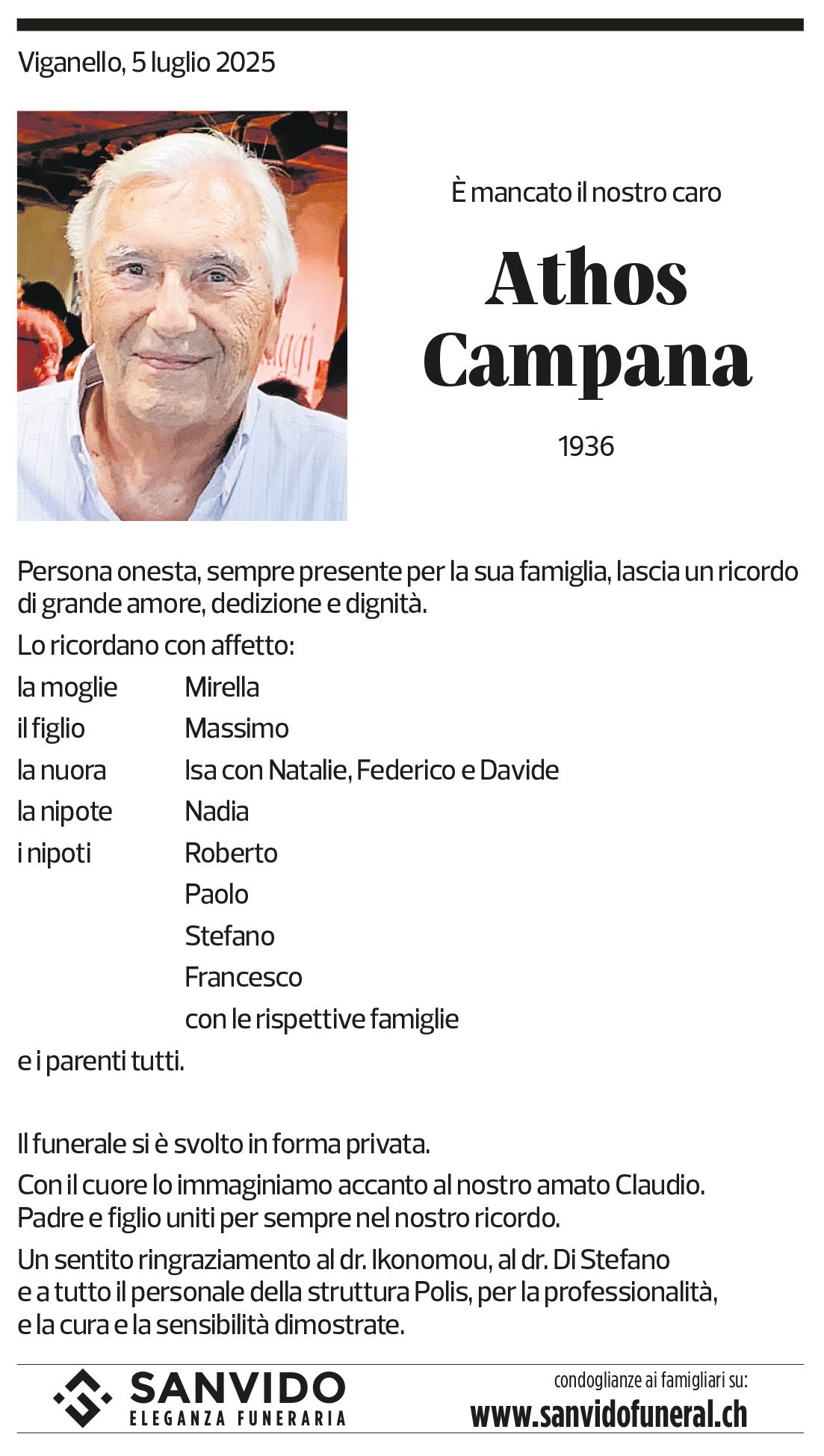 Annuncio funebre Athos Campana
