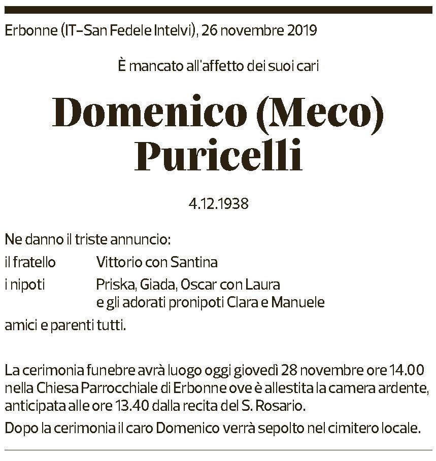 Annuncio funebre Domenico Puricelli
