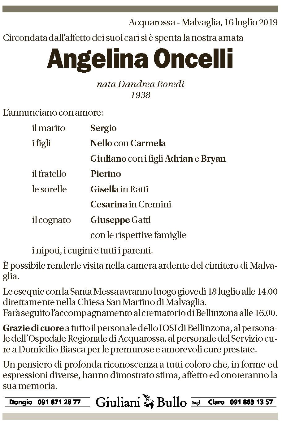 Annuncio funebre Angelina Oncelli