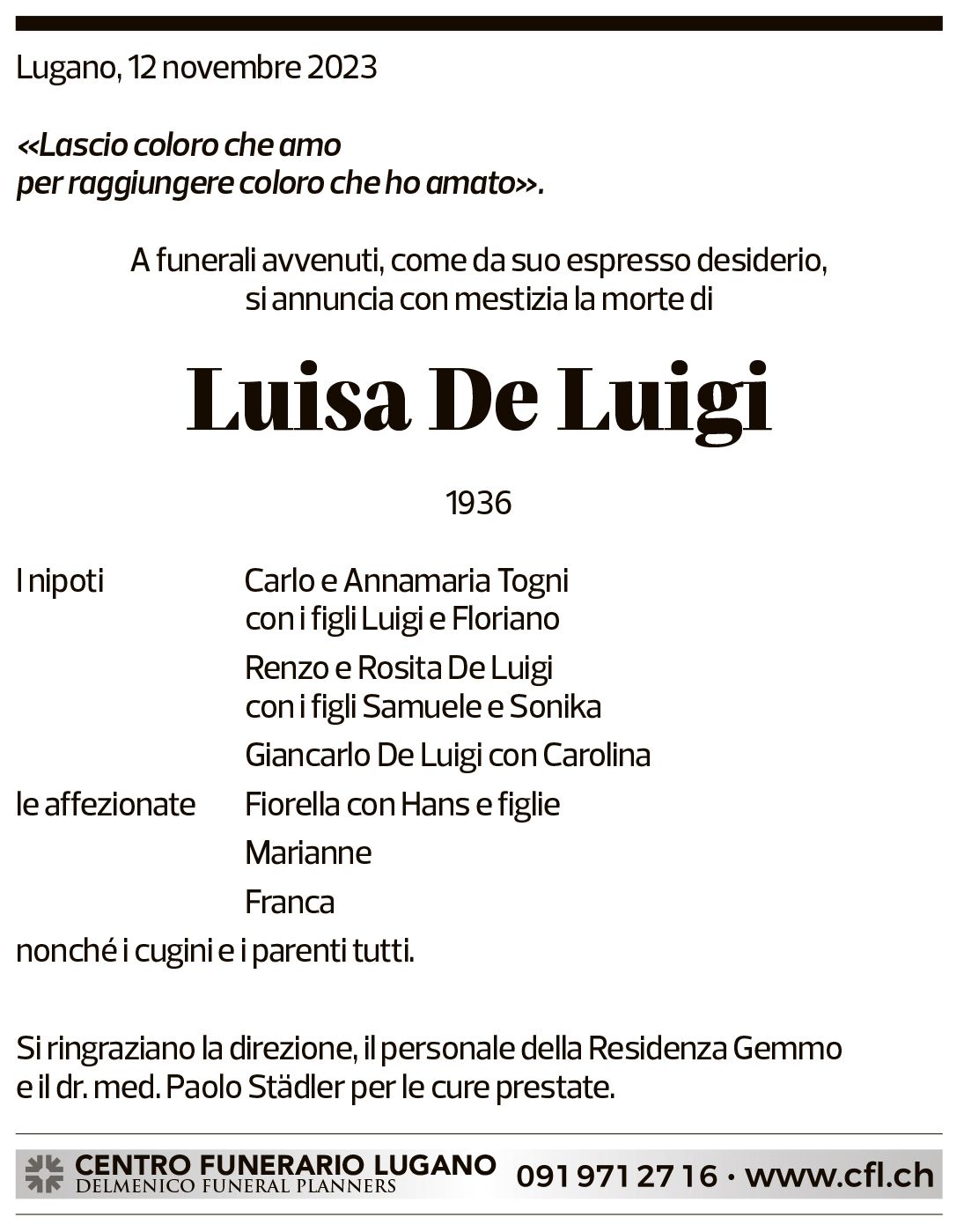 Annuncio funebre Luisa De Luigi