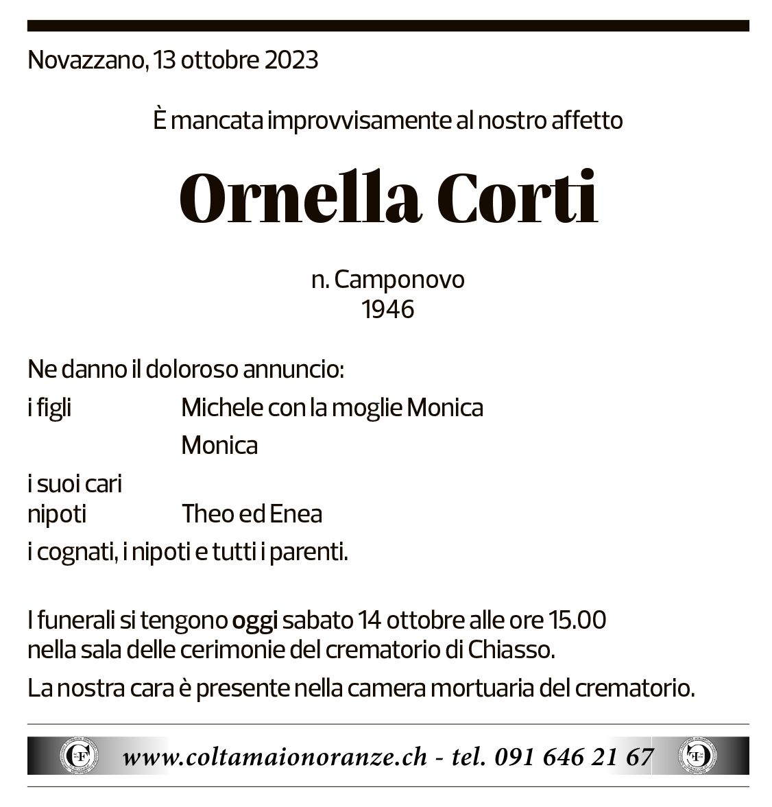 Annuncio funebre Ornella Corti