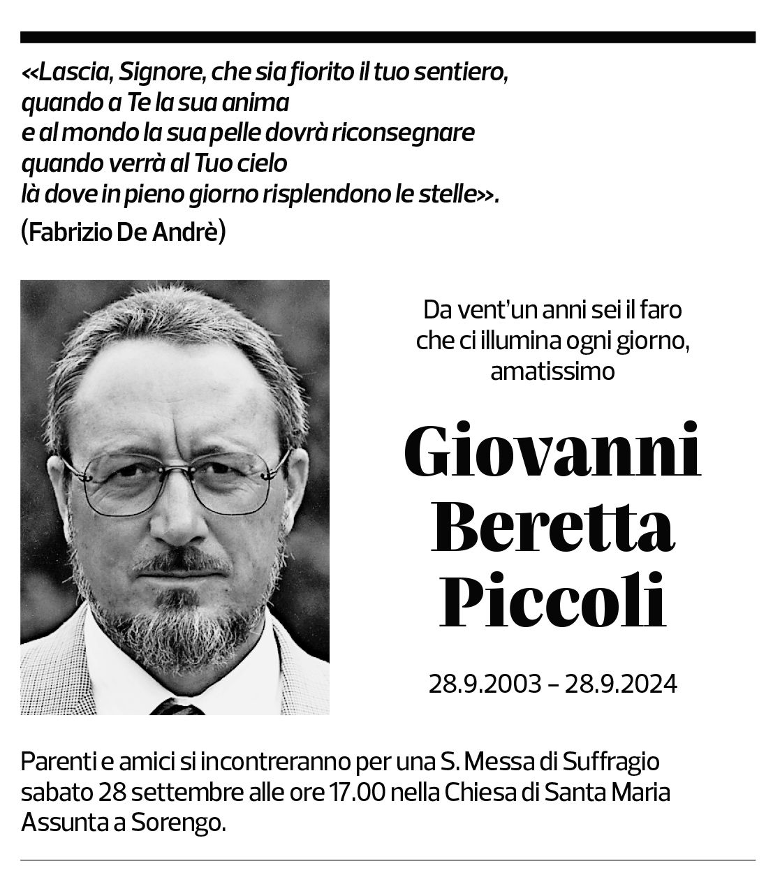 Annuncio funebre Giovanni Beretta Piccoli